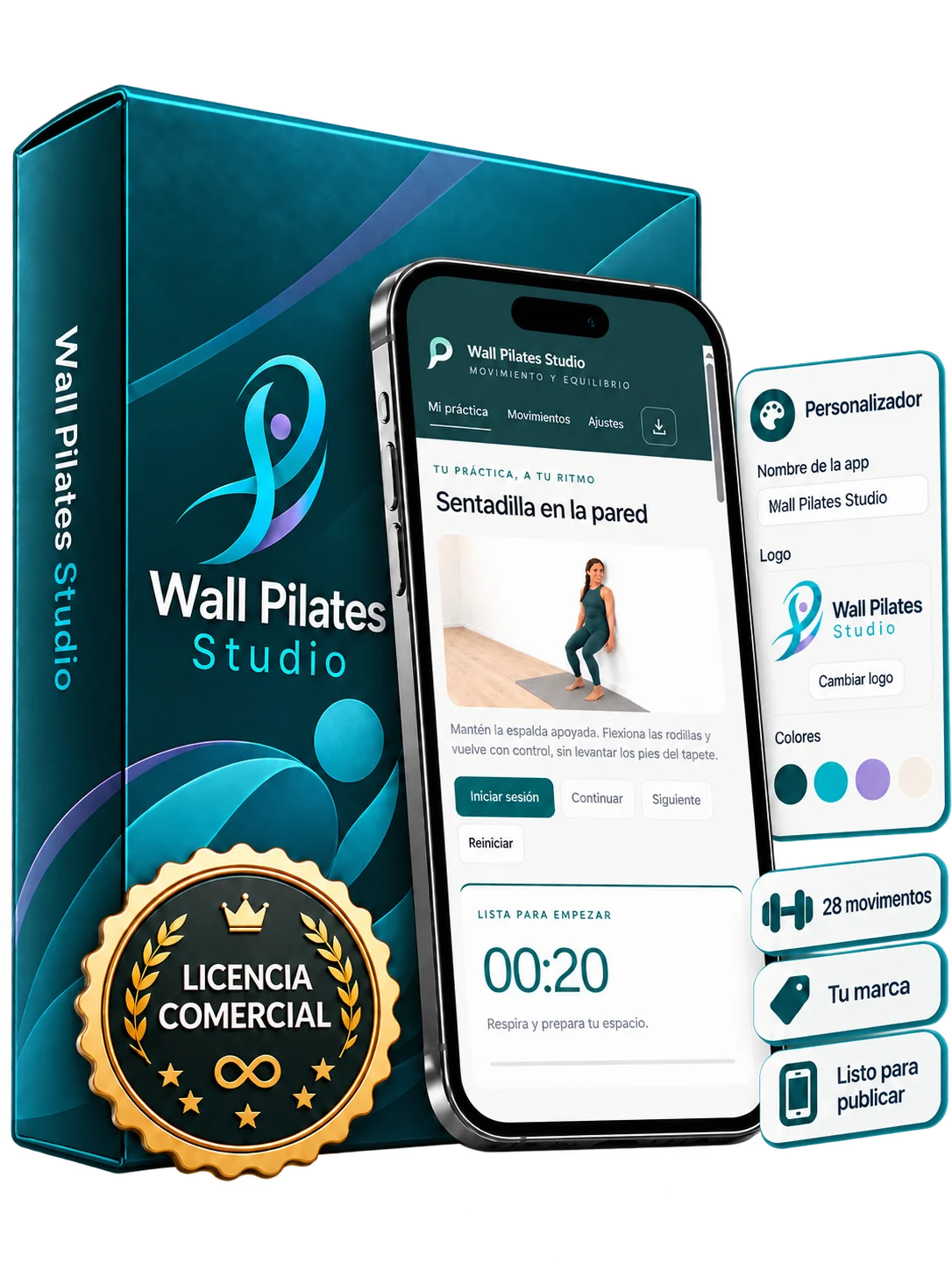 Wall Pilates Studio: caja del producto, aplicación en el celular, personalizador y licencia comercial
